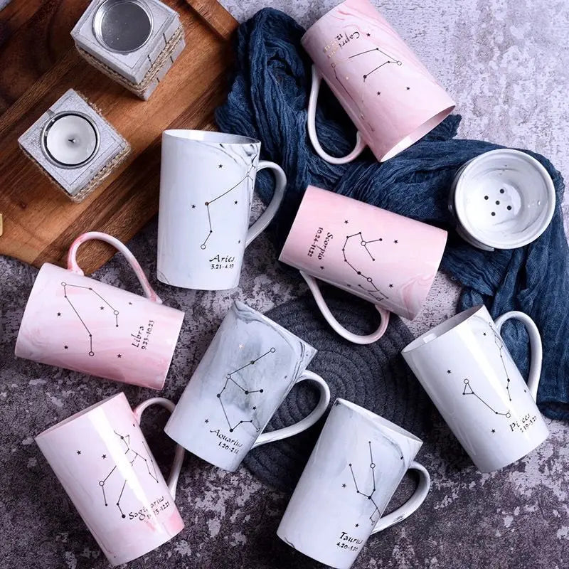 Axya 12 Constellations Ceramic Mug Set with Spoon Lid, 400ML White Porcelain Zodiac Cup