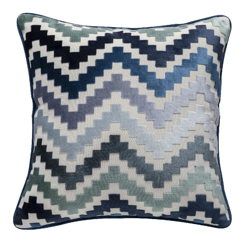 Axyaa Velvet Cushion Cover Zigzag Pattern Soft Pillow Cover in Grey Coffee Blue - 45x45cm/30x50cm/50x50cm