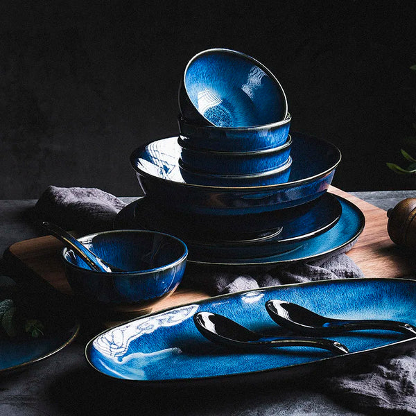 Axya Japanese Blue Kiln Glazed Ceramic Tableware Set Rice Bowl Plate Spoon
