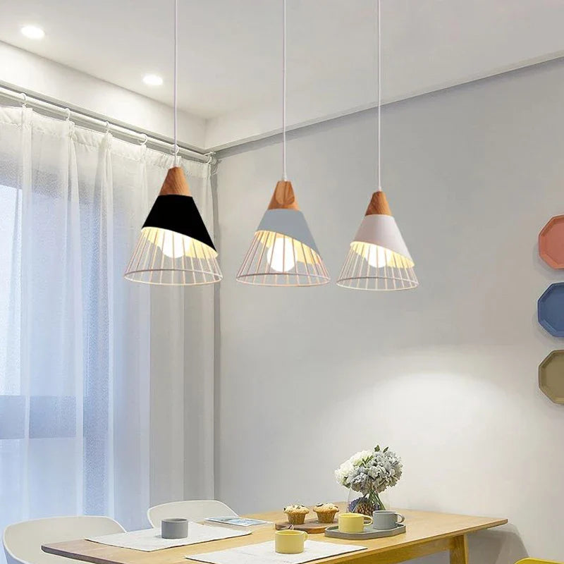 Axya Modern Wood Pendant Lights E27 Iron Hanging Lamp for Home Lighting Fixtures