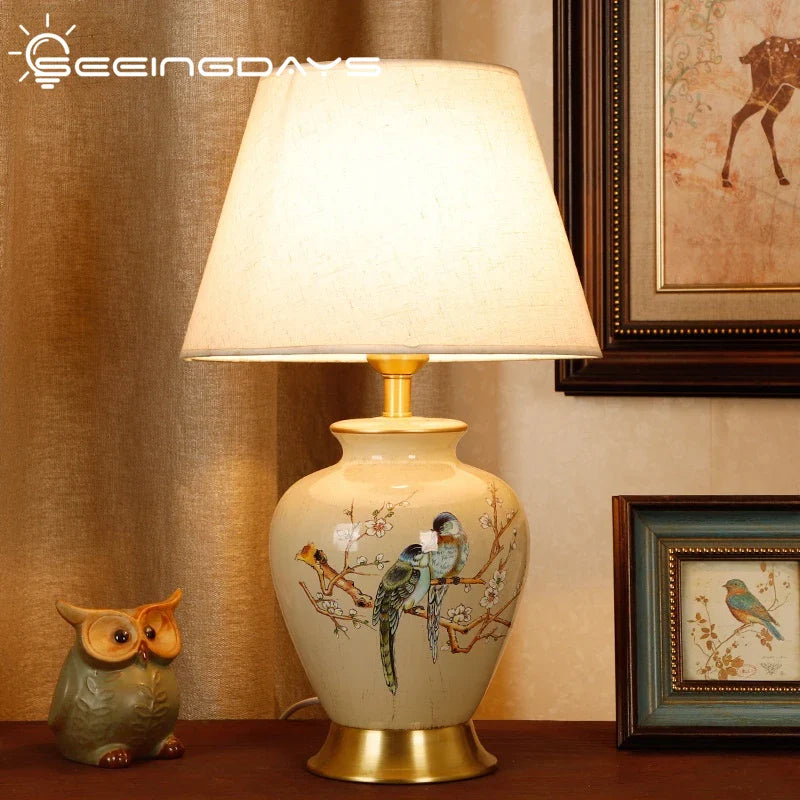 Axyaa Retro Bird & Flower Ceramic Table Lamp for Home Decor