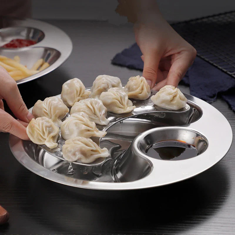 Axyaa Stainless Steel Dumpling Plate with Dipping Saucer and Snack Dish