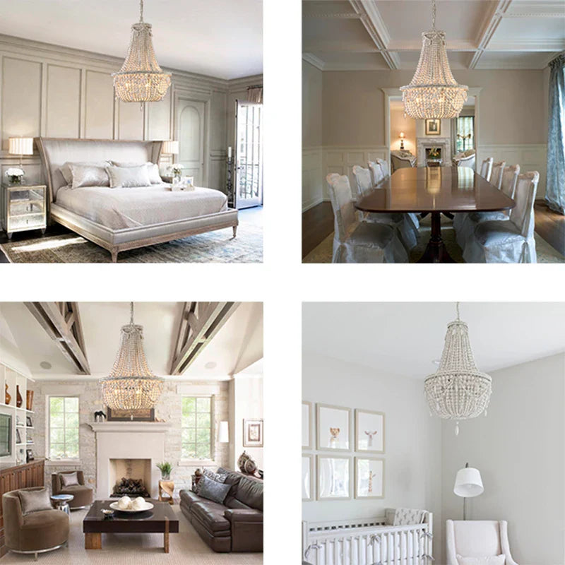 Axyaa Retro Grey Wood Beaded Chandelier 5-Light - Vintage White Wood - Kitchen, Living Room, Bedroom