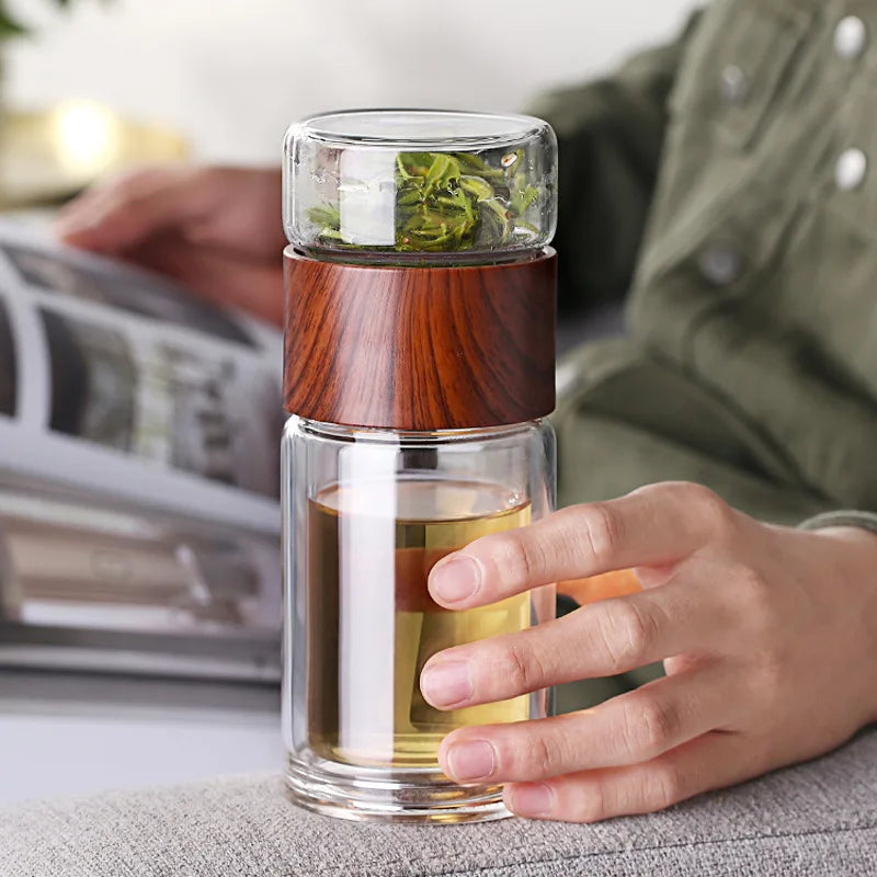 Axya Double Glass Cup Filter Tumbler Tea Drinkware Transparent Wood Grain Bottle