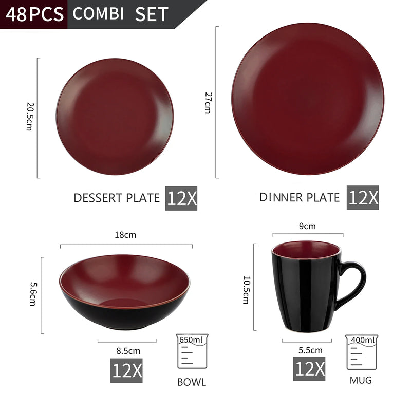 Axya™ Matte Black & Berry Red Stoneware Dinnerware Set - 16/32/48 Pieces