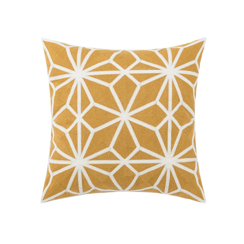 Daisy Floral Geometric Embroidery Pillow Cover 45x45cm Yellow Blue Soft Cozy