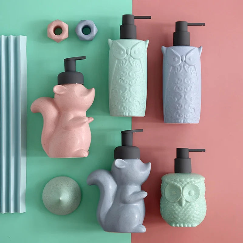 Axya Ceramic Owl Squirrel Soap Dispenser Handwashing Fluid Press Bottle