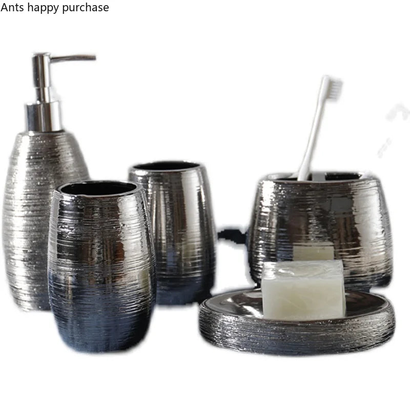 Axya Silver Ceramic Bathroom Set: Mouthwash, Soap Dispenser, Toothbrush Cup