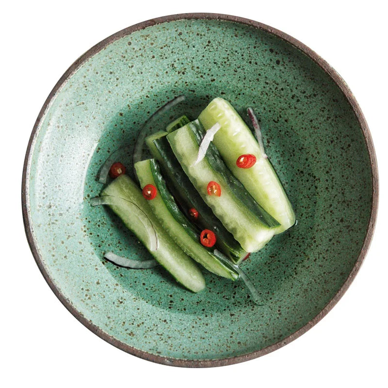 Axya™ Japanese Green Ceramic Plate Set for Home Restaurant, Retro Handmade Style