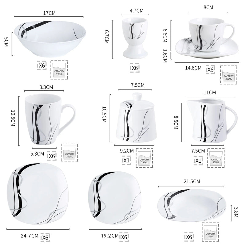 Axya 50-Piece Porcelain Dinner Set with Egg Cup, Cup & Saucer, Mug, Plates, Bowls, Jug, Pot