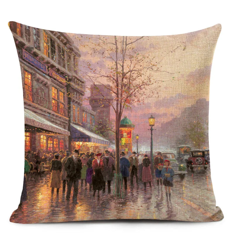 Axyaa City Landscape Oil Painting Cushion Cover | Autumn Winter Art Decor Pillow Case
