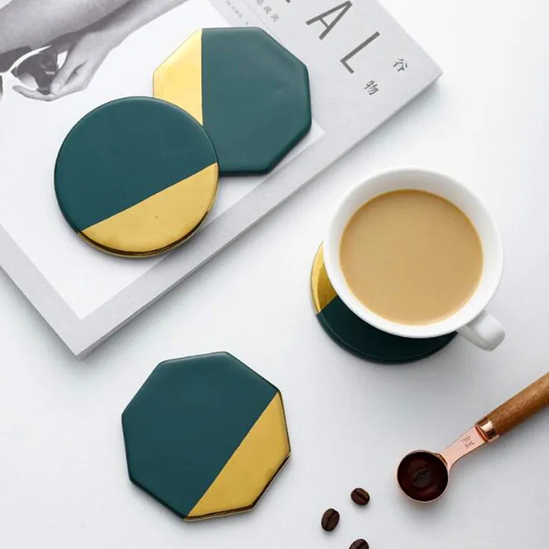 Axya™ Marble Grain Ceramic Coasters: Stylish Drink Mats for Coffee & Tea, Black Round Cup Stands