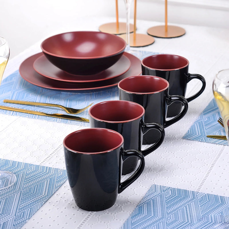 Axya™ Matte Black & Berry Red Stoneware Dinnerware Set - 16/32/48 Pieces