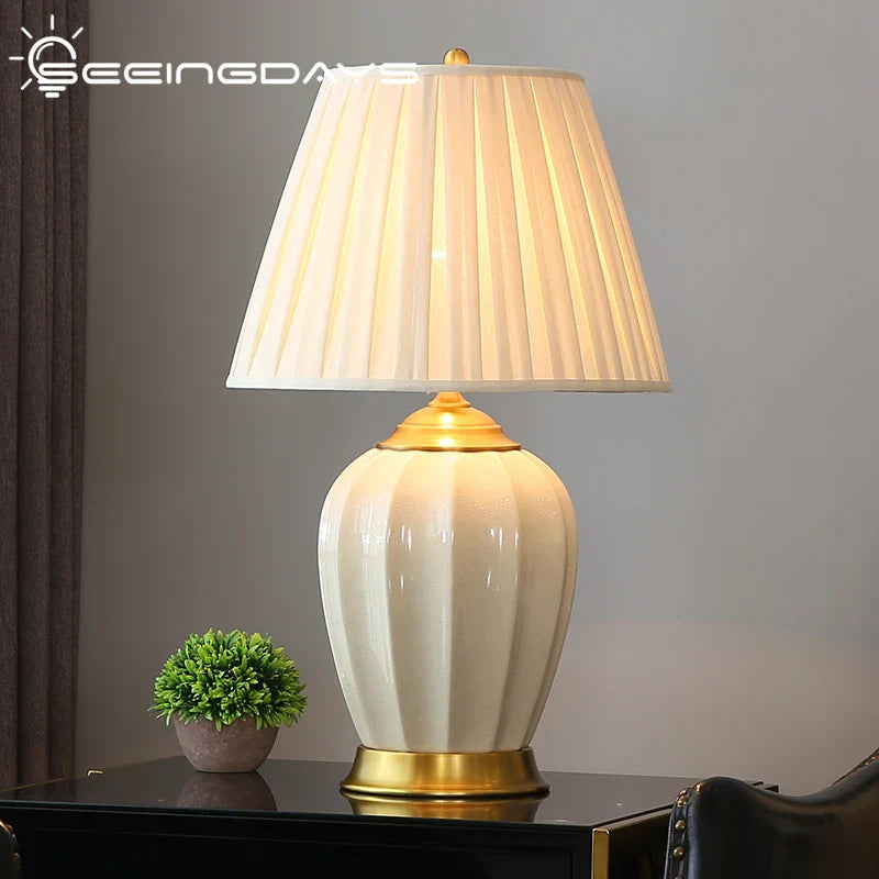 Axyaa Ceramic Table Lamp for Bedroom Living Room Home - Chinese & European Style Bedside Lamp