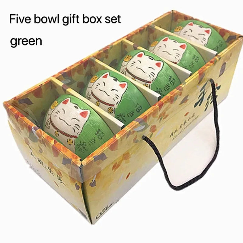 Axya Japanese Lucky Cat Ceramic Bowls Set of 5 - Colorful Cartoon Design