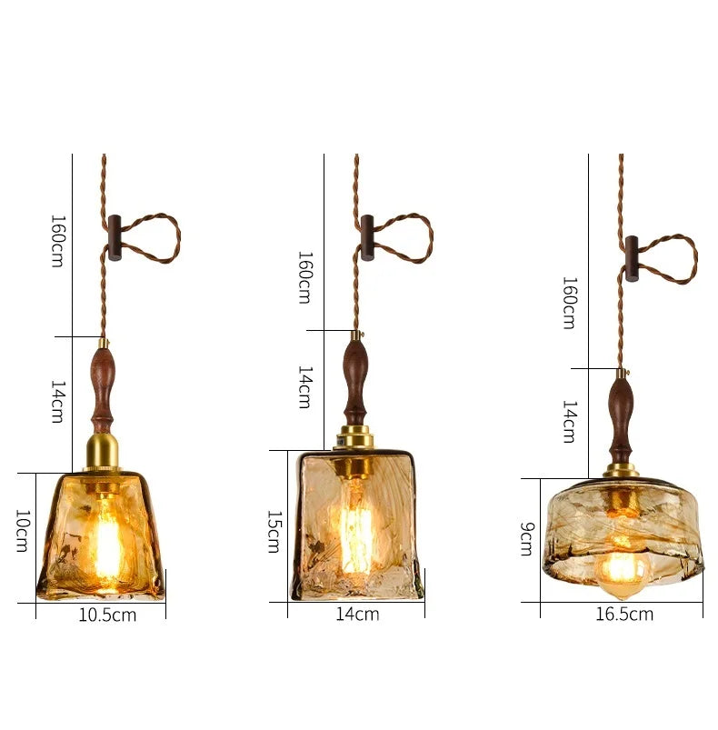 Axyaa Wood Copper Pendant Lights Glass Japanese Style Edison Hanging Lamp