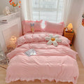 Axyaa Pink Lace Ruffle Bedding Set - Kids Duvet Cover, Bed Skirt, Sheet & Pillowcase