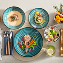 Axya Stoneware Dinner Set: Handpainted Green Spiral Design, 48 Pieces