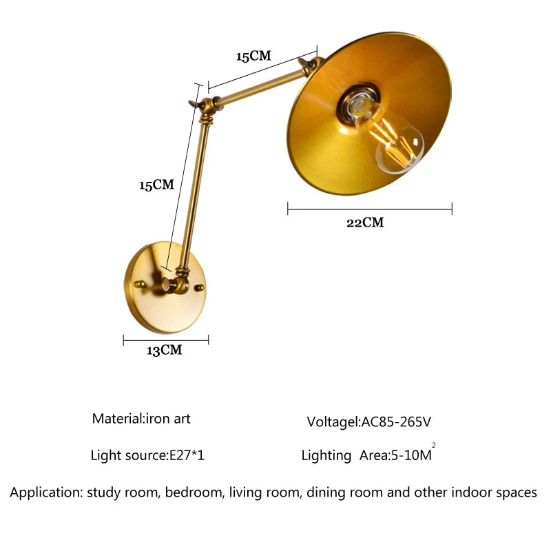 Axyaa Gold Adjustable Wall Light - Flexible Long Arm Retro Lamp