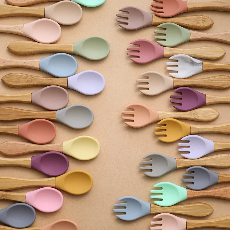 Axya Bamboo Fork Set: Silicone & Wooden Baby Feeding Utensils