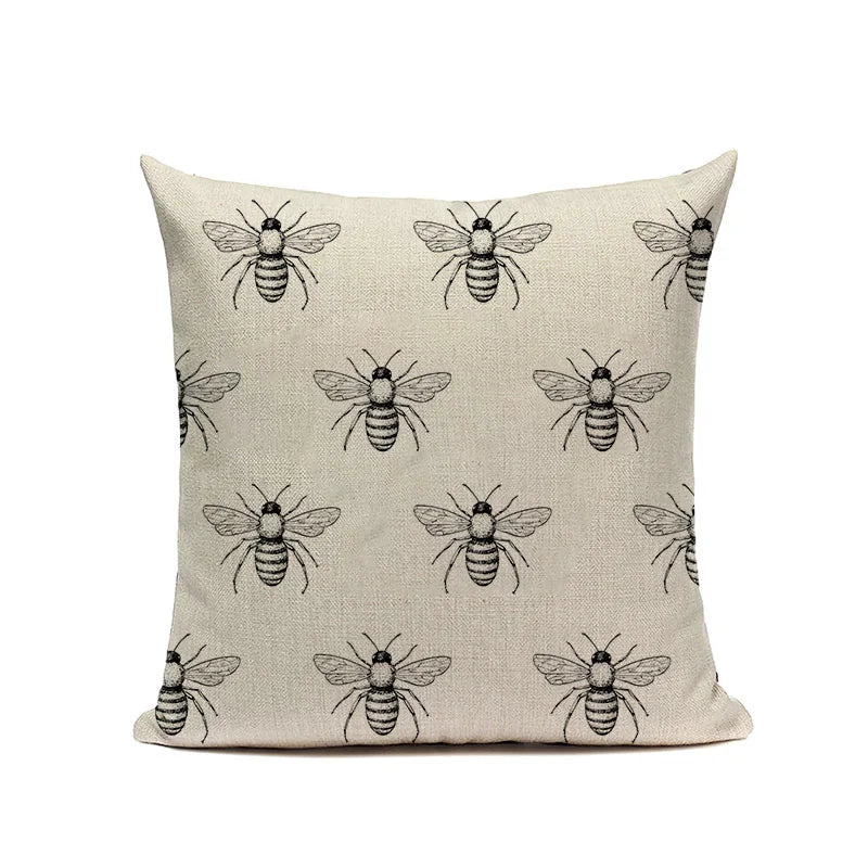 Axyaa Bee Pattern Linen Cushion Cover - Nordic Decorative Throw Pillow Case