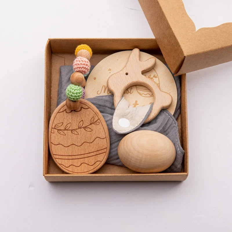 Axya Montessori Wooden Rattle & Bibs Set: Easter DIY Baby Toy & Milestone Education Gift