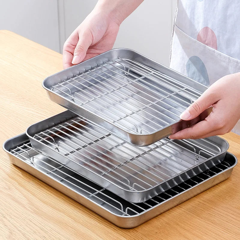 Axyaa Stainless Steel Food Storage Tray and Grid - Bakeware Set for Baking, Cooling, and Serving
