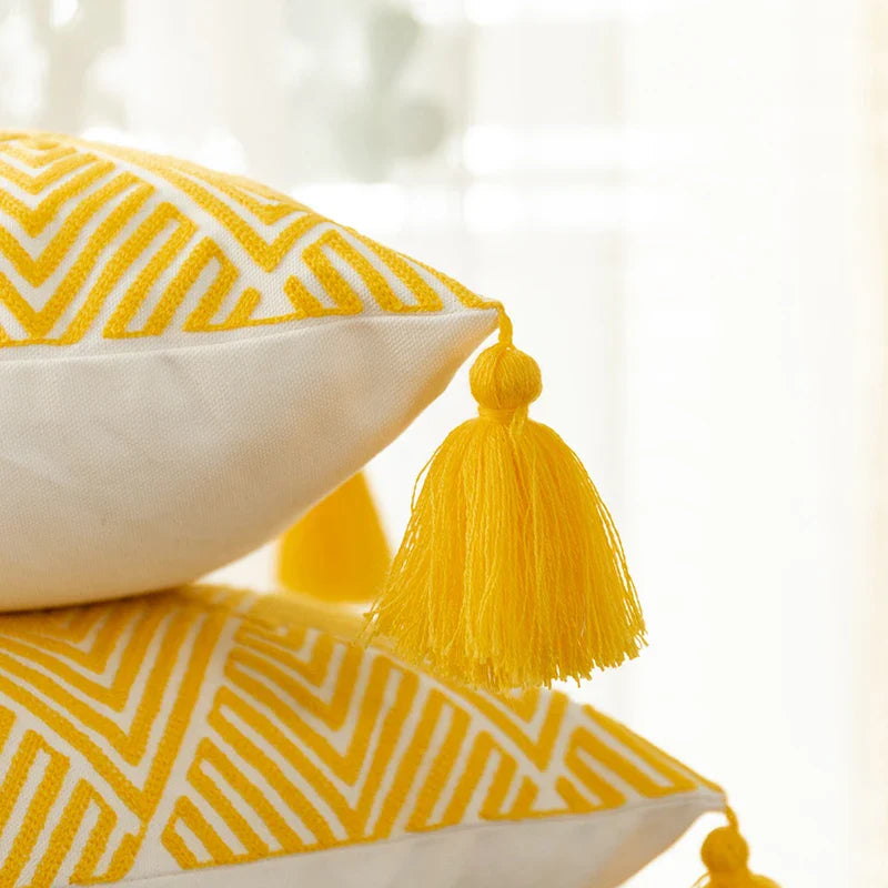 Yellow Geometric Embroidered Cotton Cushion Cover by Axyaa