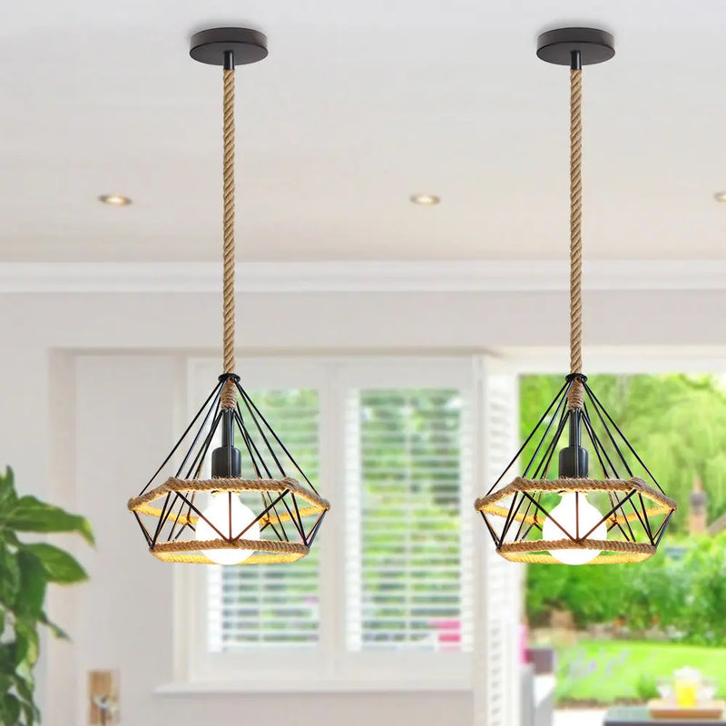 Axyaa Black Iron Industrial Pendant Light, Diamond Shape Cage Design