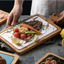 Axyaa Marbling Black Bronzing Wooden Tray, Rectangular Handle Steak Plate karadığında Western Plate.