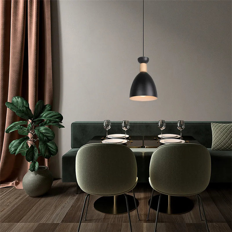Axyaa Wood Iron Pendant Light: Modern Nordic Black Chandelier for Home Decor