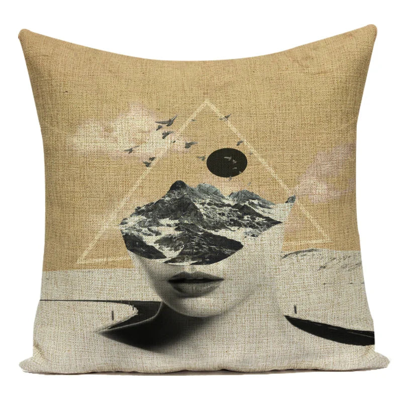 Axyaa Retro Art Woman Abstract Linen Cushion Cover Decorative Throw Pillow