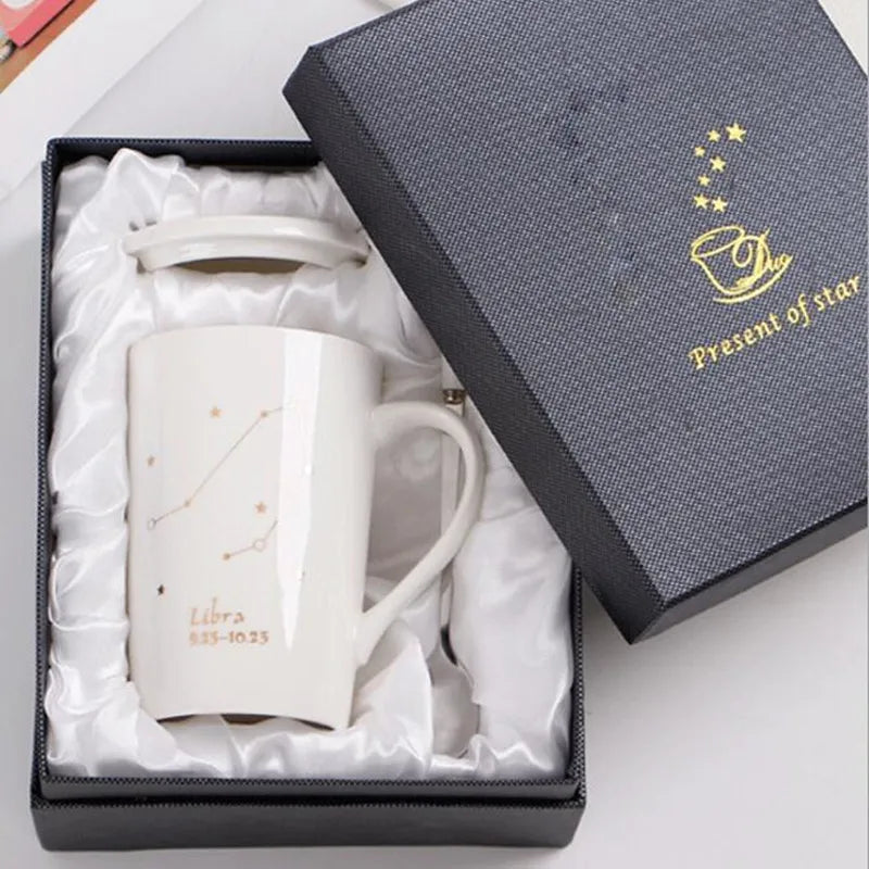 Axya 12 Constellations Ceramic Mug Set with Spoon Lid, 400ML White Porcelain Zodiac Cup