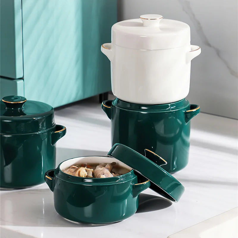 Axya 450/650ml Ceramic Stew Cup with Double-lid Handle, Green Phnom Penh Design