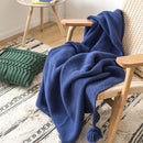Axyaa Royal Blue Knit Throw Blanket with PomPom Tassels - 50"x62"