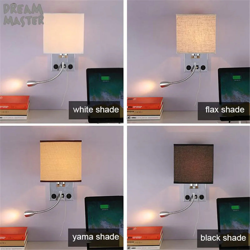 Axyaa Modern Wall Sconce with USB Port, 2 Switches & Fabric Shade LED Reading Lamp