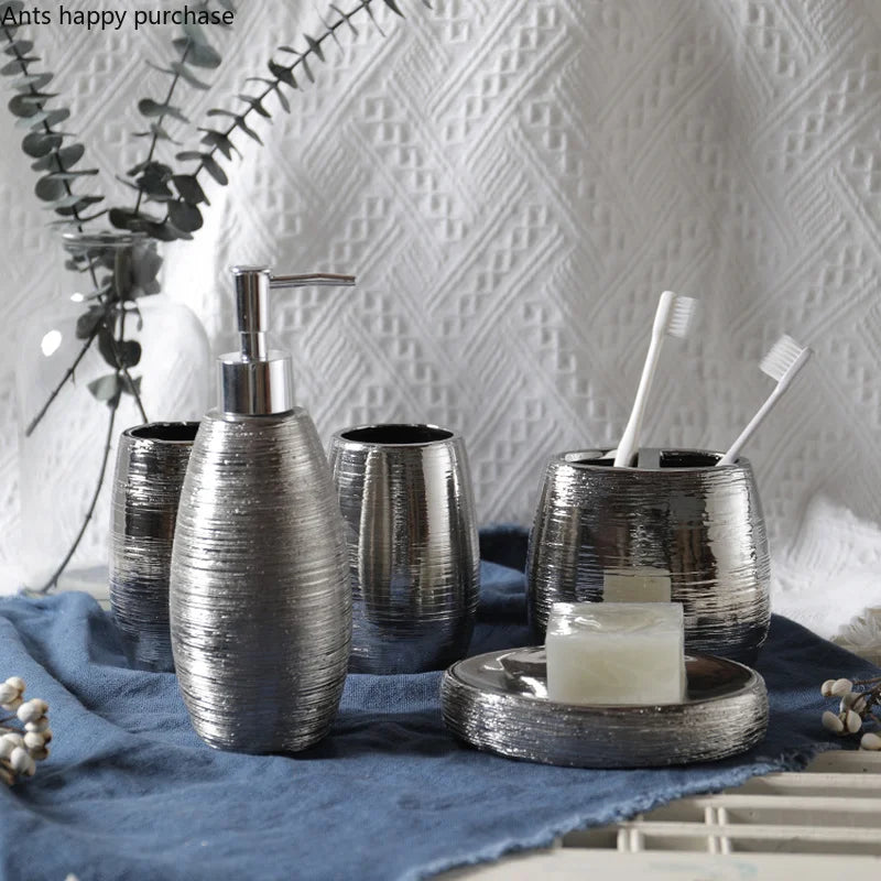 Axya Silver Ceramic Bathroom Set: Mouthwash, Soap Dispenser, Toothbrush Cup