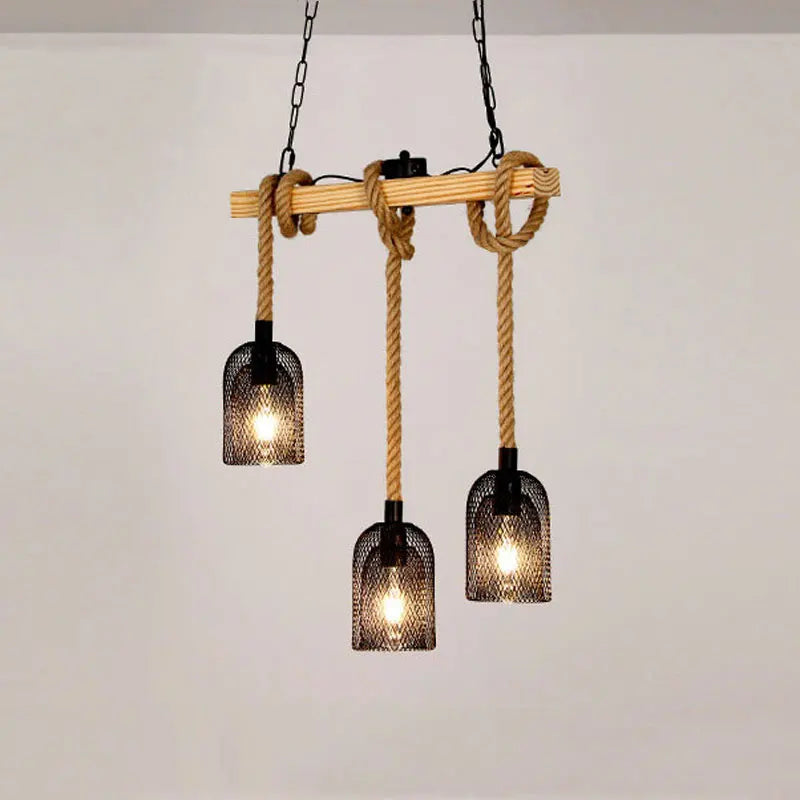 Axyaa Retro Industrial Chandelier Wood Pendant Lamp Iron Hemp Rope Hanging Lamp