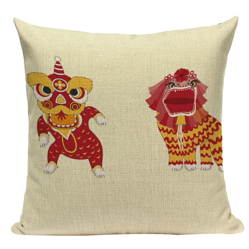 Axyaa Cartoon Tiger Lion Dance Pillow Case Cover for Bed Sofa Decoration