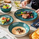 Axya Stoneware Dinner Set: Handpainted Green Spiral Design, 48 Pieces