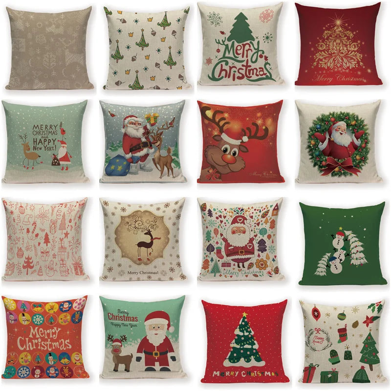 Axyaa Festive Santa Claus Christmas Tree Linen Throw Pillow Case
