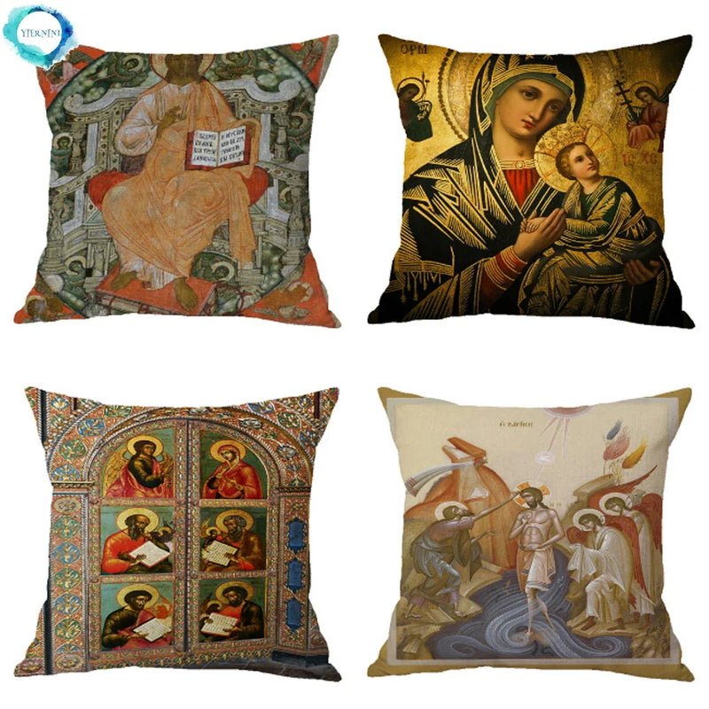 Cotton Linen Christ Pantocrator Icon Pillow Case by Axyaa