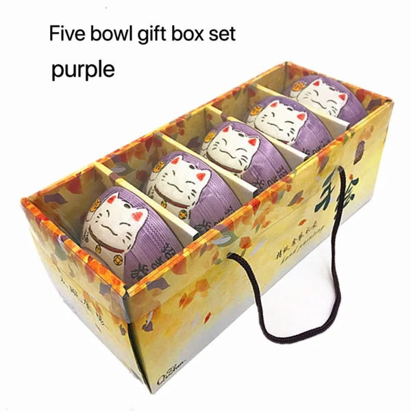 Axya Japanese Lucky Cat Ceramic Bowls Set of 5 - Colorful Cartoon Design