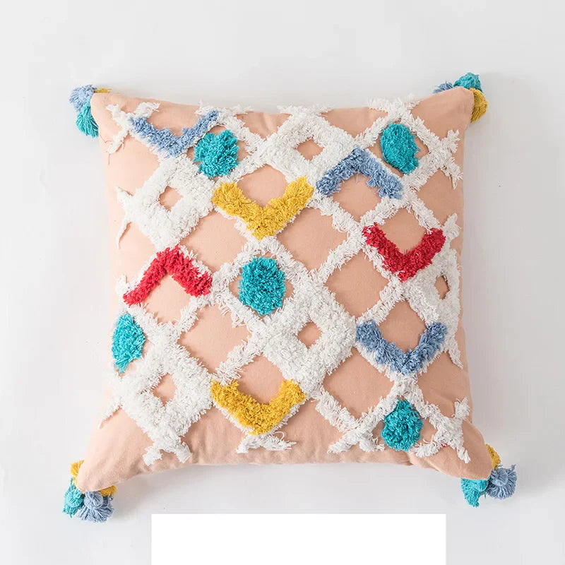 Axyaa Pink Ivory Boho Cushion Cover 45x45cm Handmade Zigzag Design
