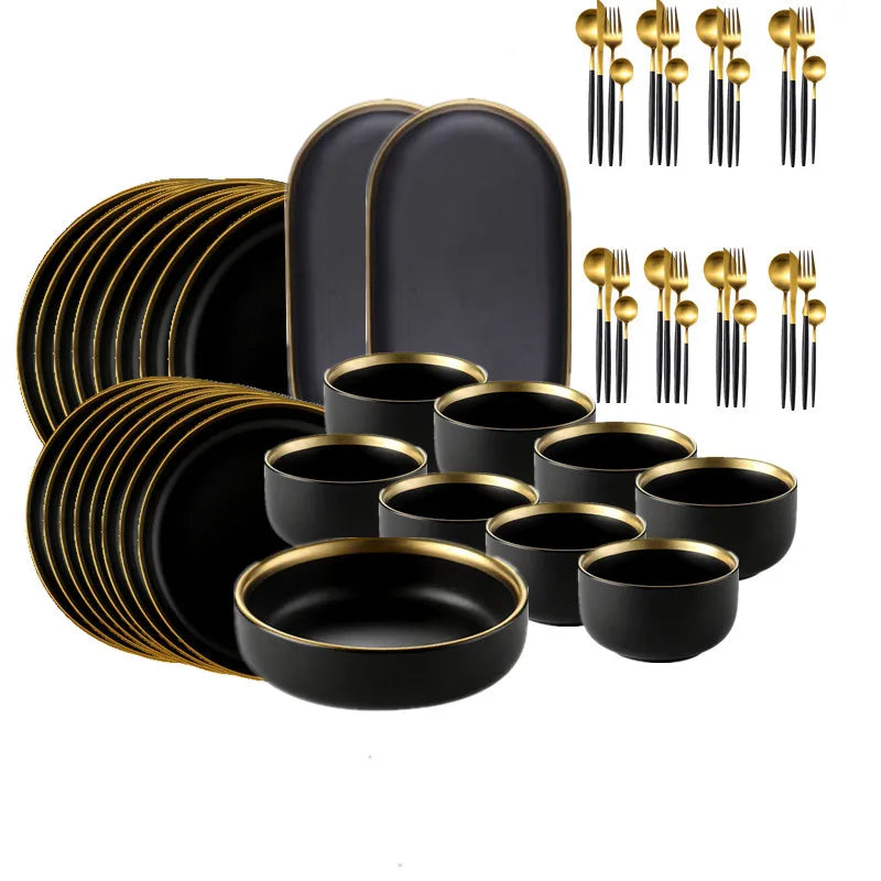 Axya Black Porcelain Dinner Plates Set with Cutlery for Food Dishes