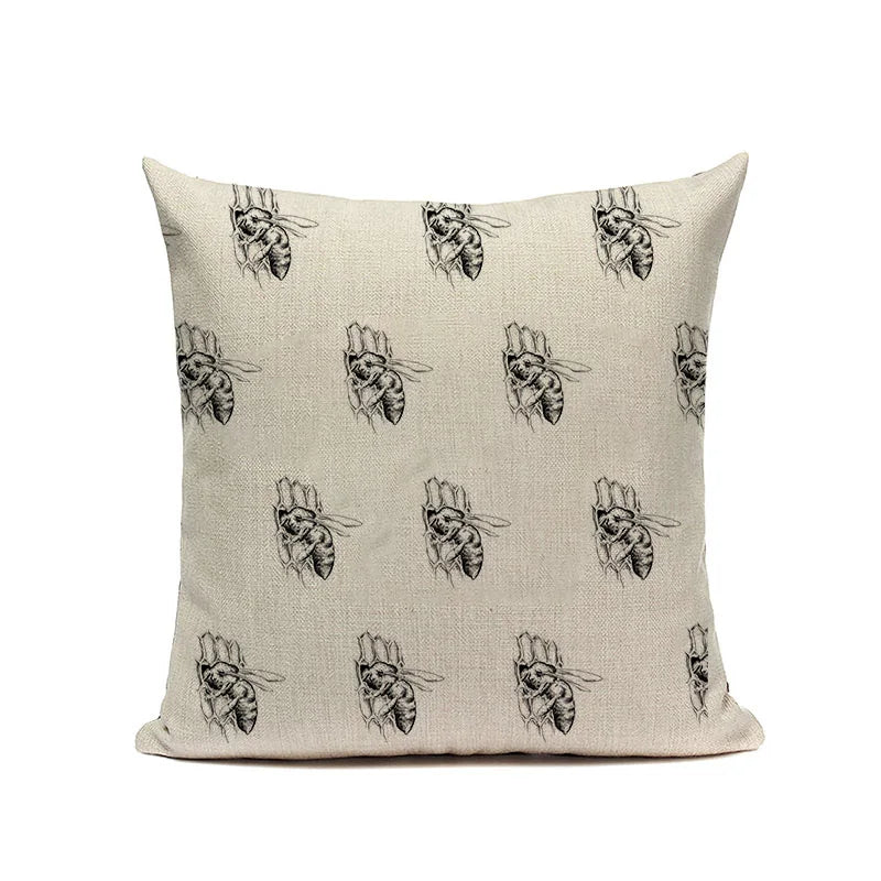 Axyaa Bee Pattern Linen Cushion Cover - Nordic Decorative Throw Pillow Case
