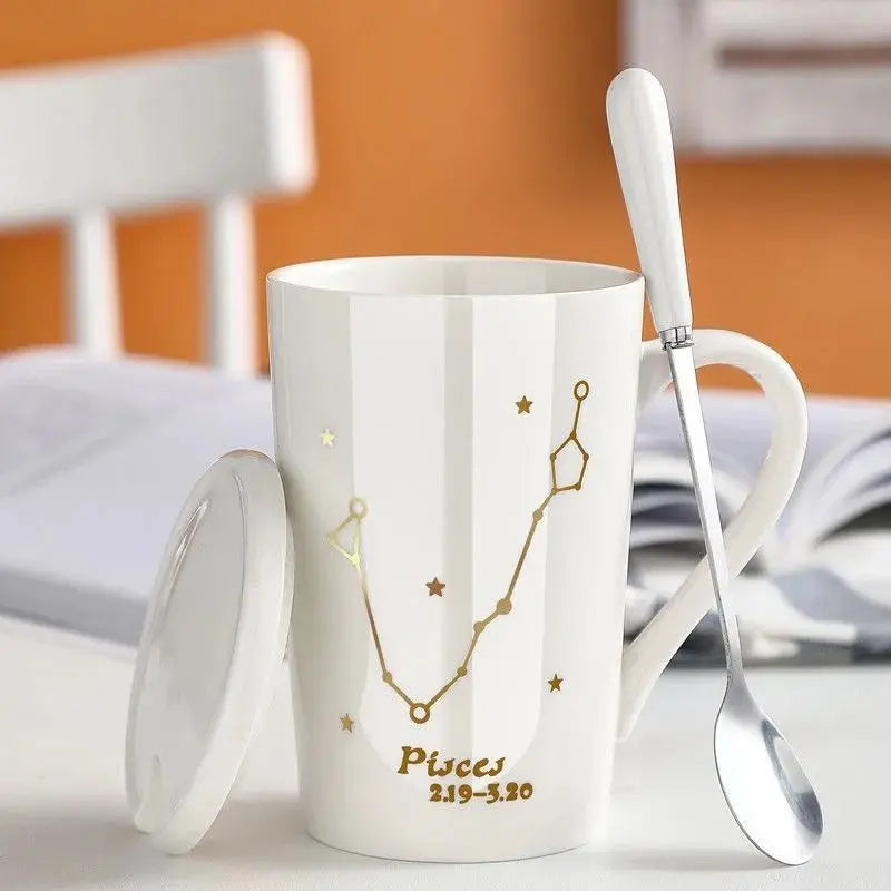 Axya 12 Constellations Ceramic Mug Set with Spoon Lid, 400ML White Porcelain Zodiac Cup