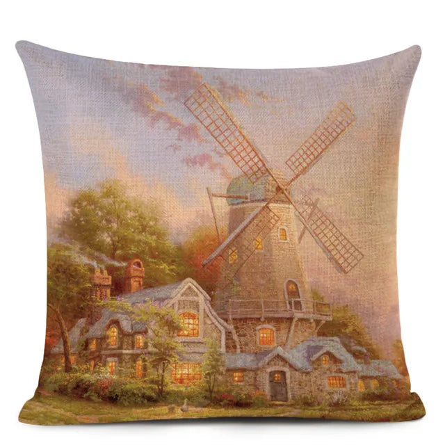 Axyaa City Landscape Oil Painting Cushion Cover | Autumn Winter Art Decor Pillow Case