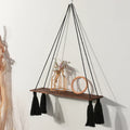 Axyaa Hanging Wall Shelves Black Wooden Shelf Candle Holder Macrame Storage Boho Home Decor