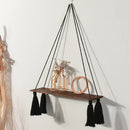 Axyaa Hanging Wall Shelves Black Wooden Shelf Candle Holder Macrame Storage Boho Home Decor